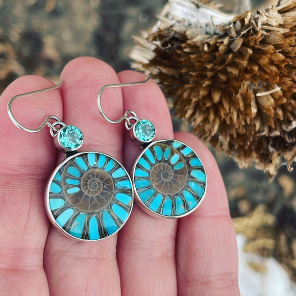 Apatite, Ammonite with Turquoise Inlay and Sterling Silver Earrings