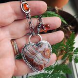 Crazy Lace Agate, Hessonite Garnet and Sterling Silver Heart Necklace
